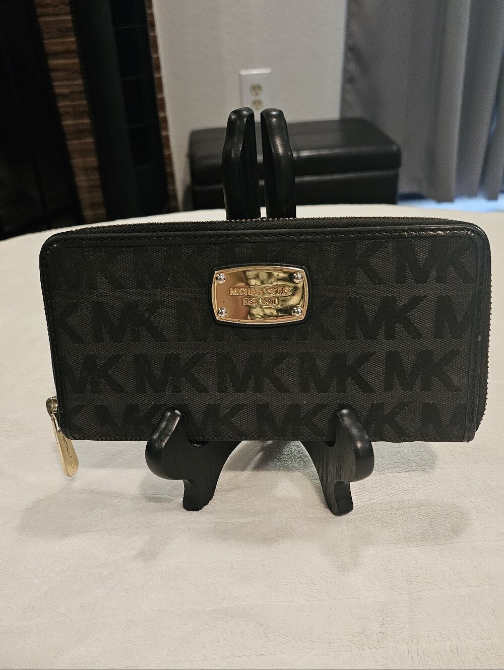 Michael Kors Black MK Logo Zip Wallet with Gold Plaque EUC